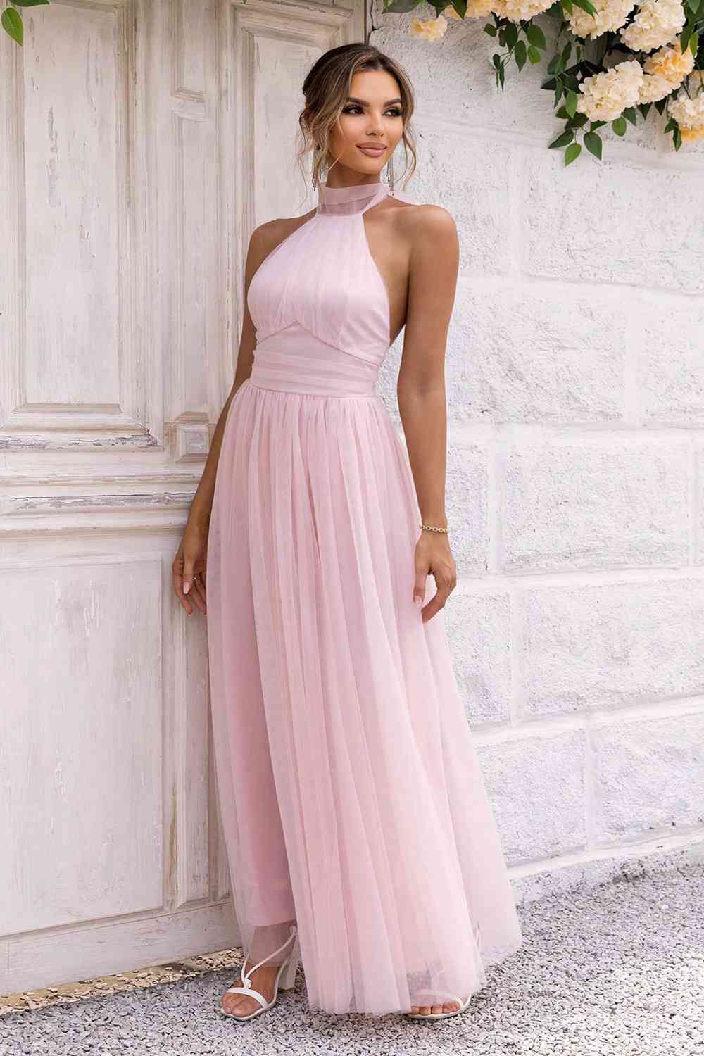Bow-Knot - Halter Neck Backless Mesh Dress (7515494875224)