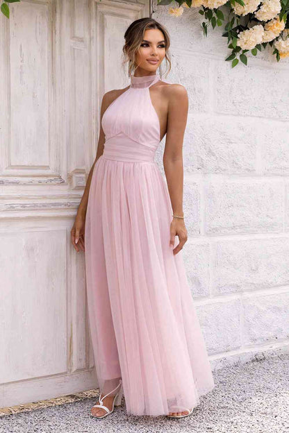 Bow-Knot - Halter Neck Backless Mesh Dress (7515494875224)