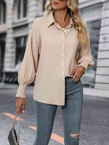 Button-Up - Collared Neck Long Sleeve Blouse (7501316849752)