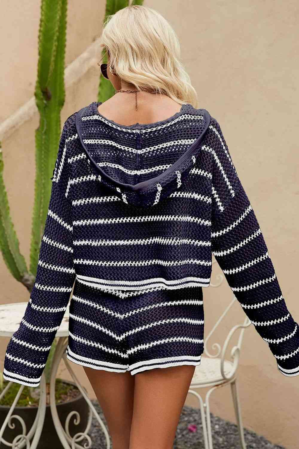 Striped Openwork - Knit Hoodie & Shorts Set (7501466599512)