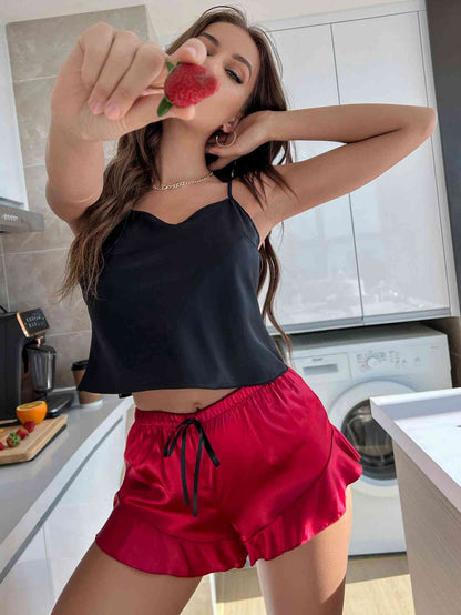 Two-Tone Cropped - Cami & Ruffle Hem Satin Pajama Set (7501484261464)