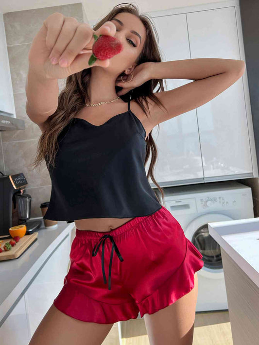 Two-Tone Cropped - Cami & Ruffle Hem Satin Pajama Set (7501484261464)
