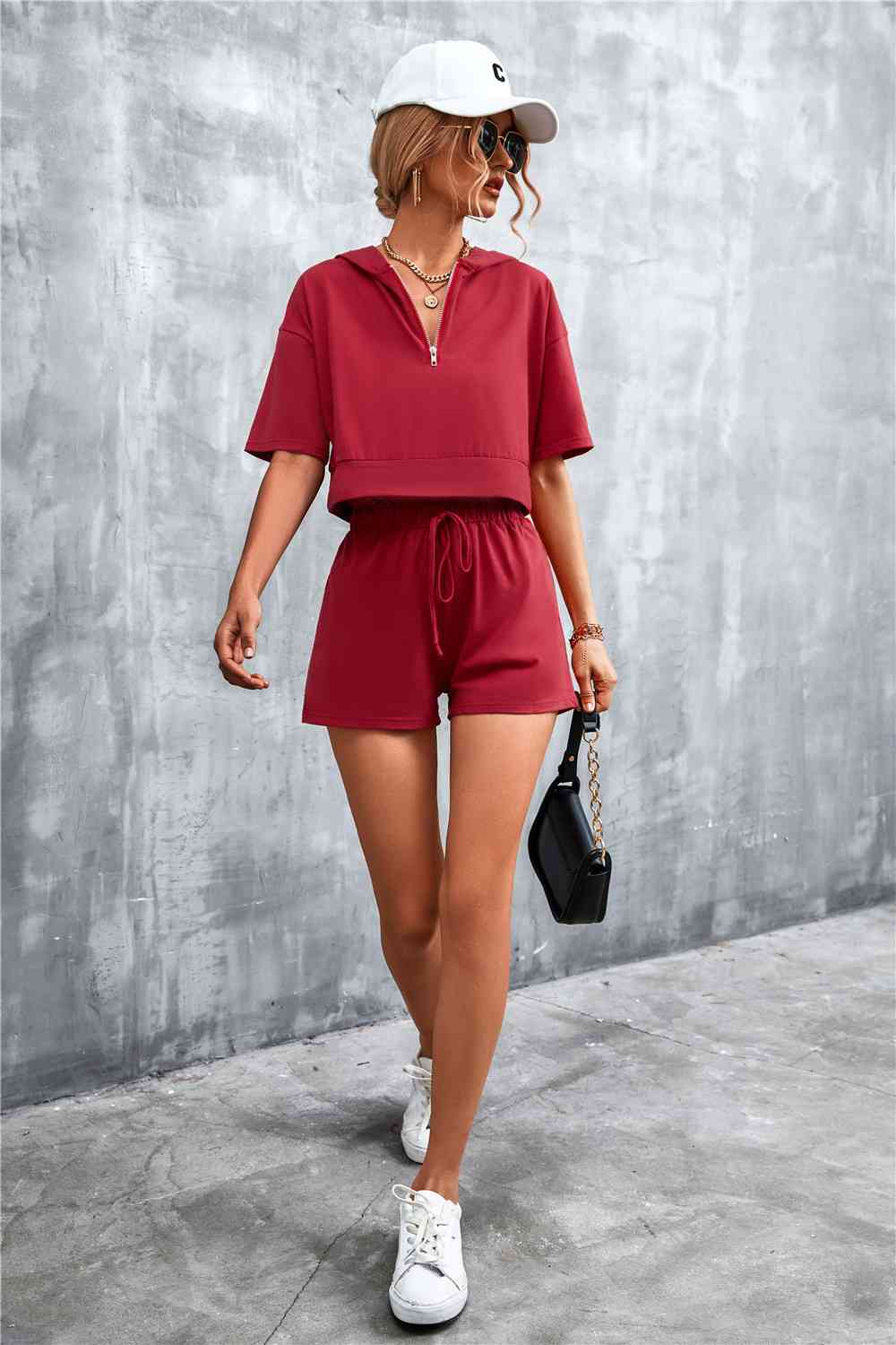 Half-Zip - Cropped Hooded T-Shirt and Shorts Set (7501483180120)