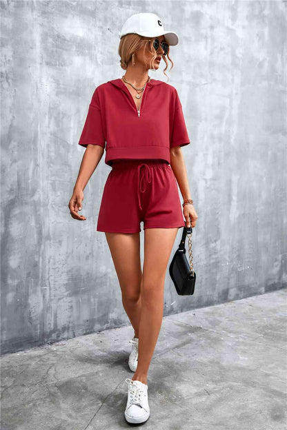 Half-Zip - Cropped Hooded T-Shirt and Shorts Set (7501483180120)