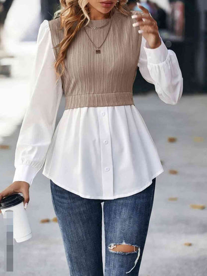 Blouse Like That - Contrast Round Neck Puff Sleeve Blouse (7501314064472)