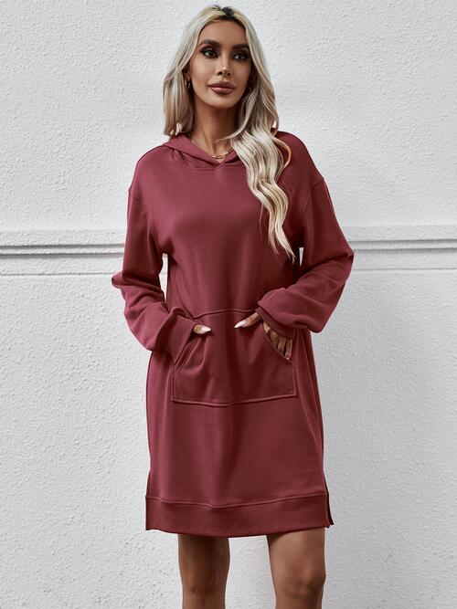 Long Long Sleeves - Slit Hooded Dress With Pocket (7505547559000)