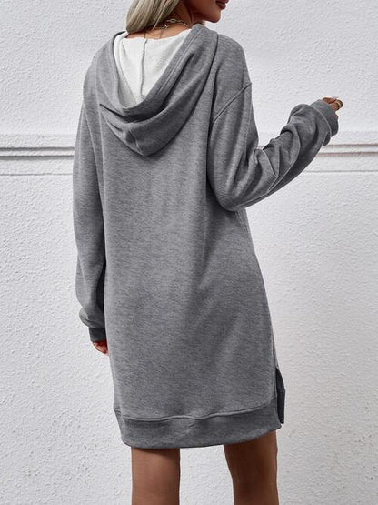 Long Long Sleeves - Slit Hooded Dress With Pocket (7505547559000)