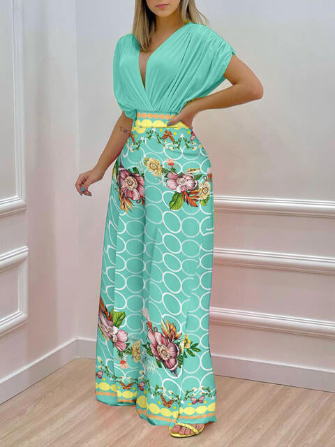 Printed Surplice Top & Wide Leg Pants Set (7484243705944)