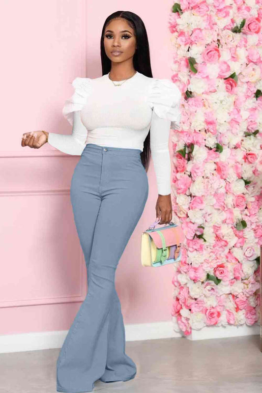 Leg-Of-Mutton - Sleeve Top and Flare Pants Set (7484247179352)
