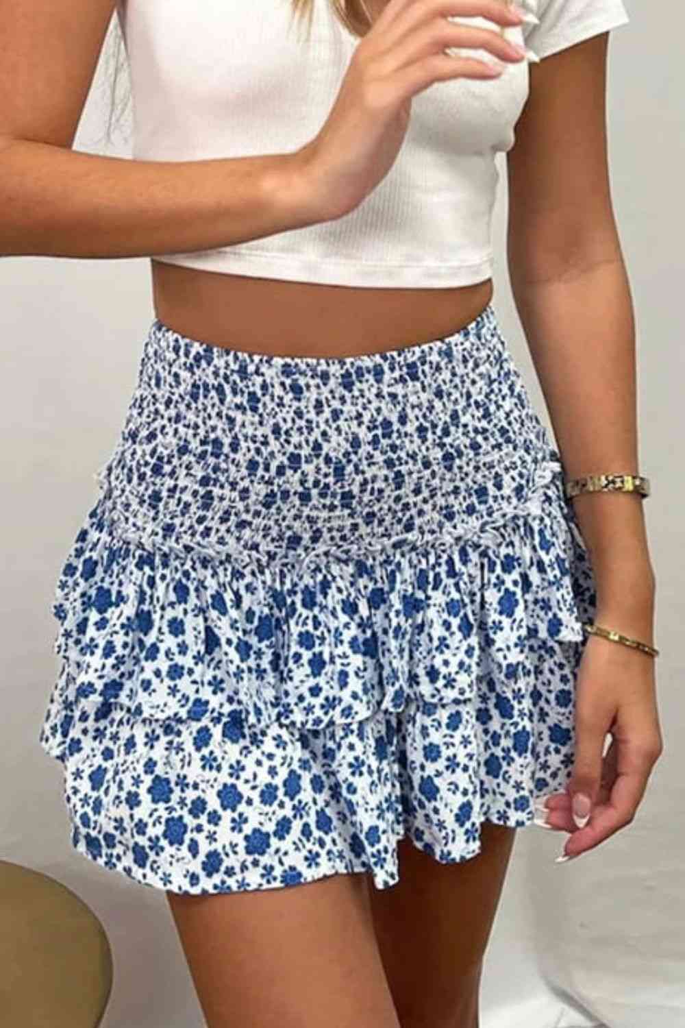Printed Frill Trim Smocked Mini Skirt (7500878348376)