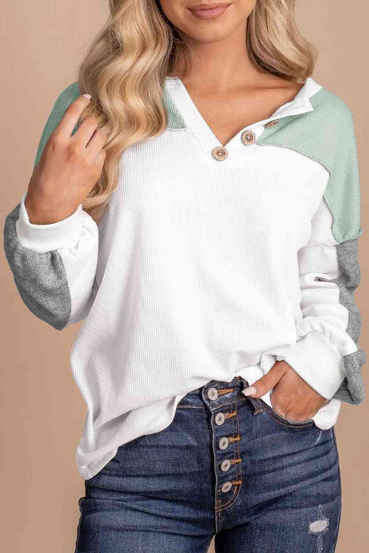 Color Blocks - Button Drop Shoulder Top (7501317374040)
