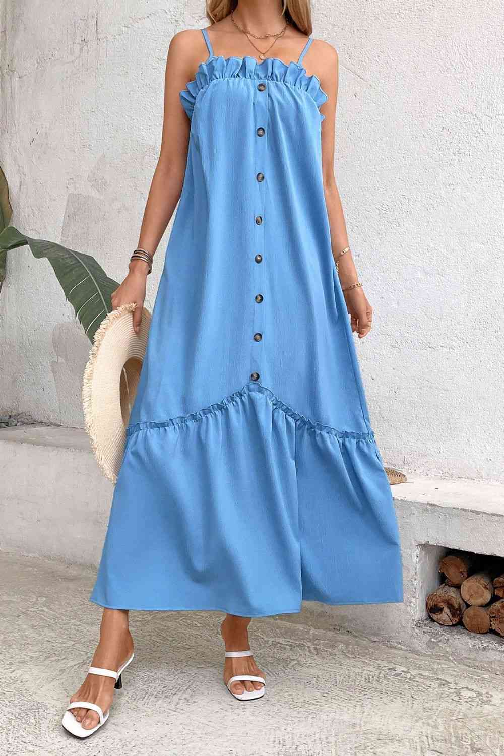 Ruffle Trim Buttoned Sleeveless Maxi Dress (7515555364952)