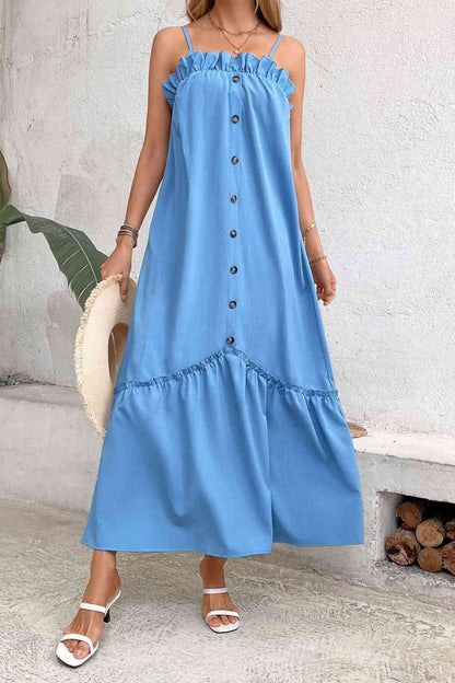 Ruffle Trim Buttoned Sleeveless Maxi Dress (7515555364952)