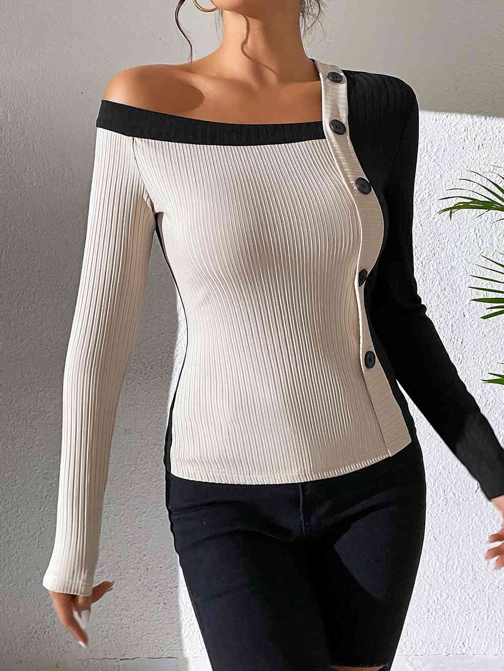 Blouse Cute - Asymmetrical One Shoulder Contrast Color Buttoned Blouse (7501316096088)