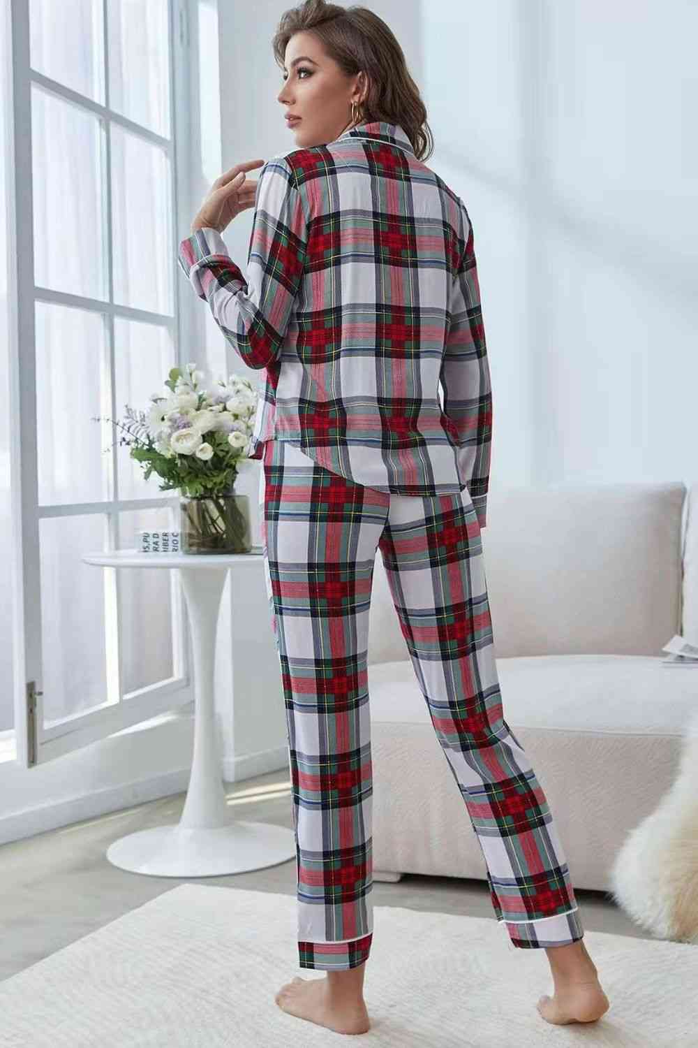 Button-Front Top & Pants Lounge Set - Plaid (7501479575640)