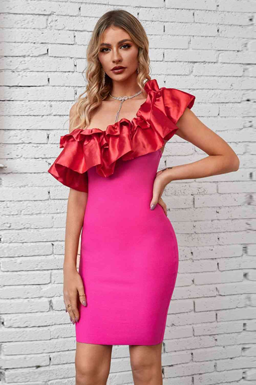 One-Shoulder Bodycon Ruffles Dress (7516369158232)