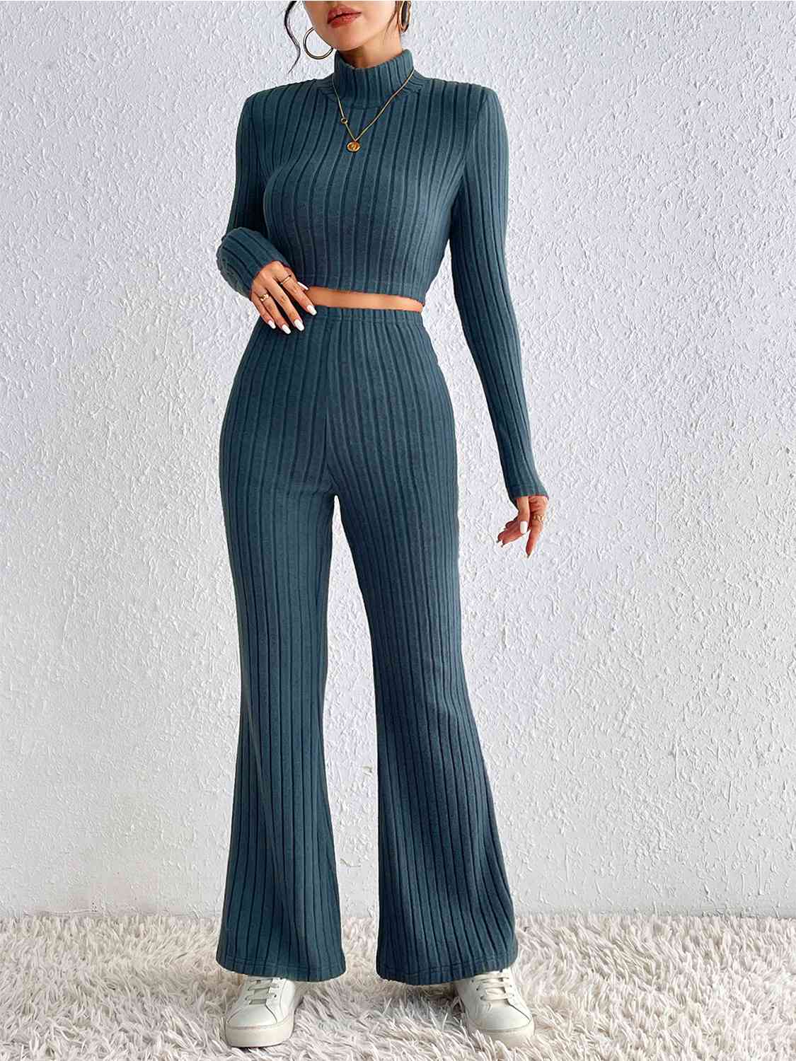 Mock Neck Cropped Sweater & High-Waist Pants - Set (7484223488088)