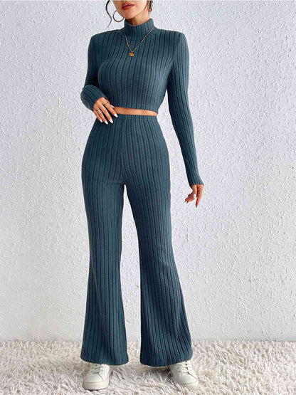 Mock Neck Cropped Sweater & High-Waist Pants - Set (7484223488088)