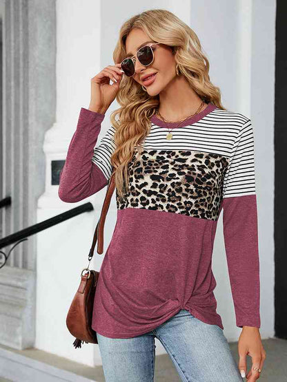 Leopardcheetahprint - Color Block Round Neck Long Sleeve Blouse (7501317439576)