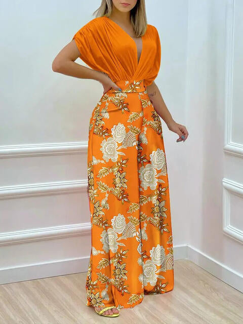 Printed Surplice Top & Wide Leg Pants Set (7484243705944)