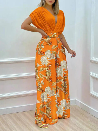 Printed Surplice Top & Wide Leg Pants Set (7484243705944)