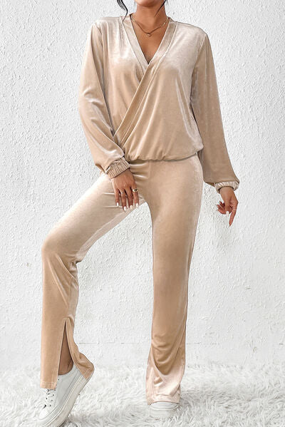 Surplice Long Sleeves Top & Slit Pants - Set (7505548705880)