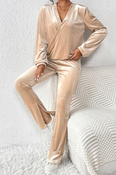 Surplice Long Sleeves Top & Slit Pants - Set (7505548705880)