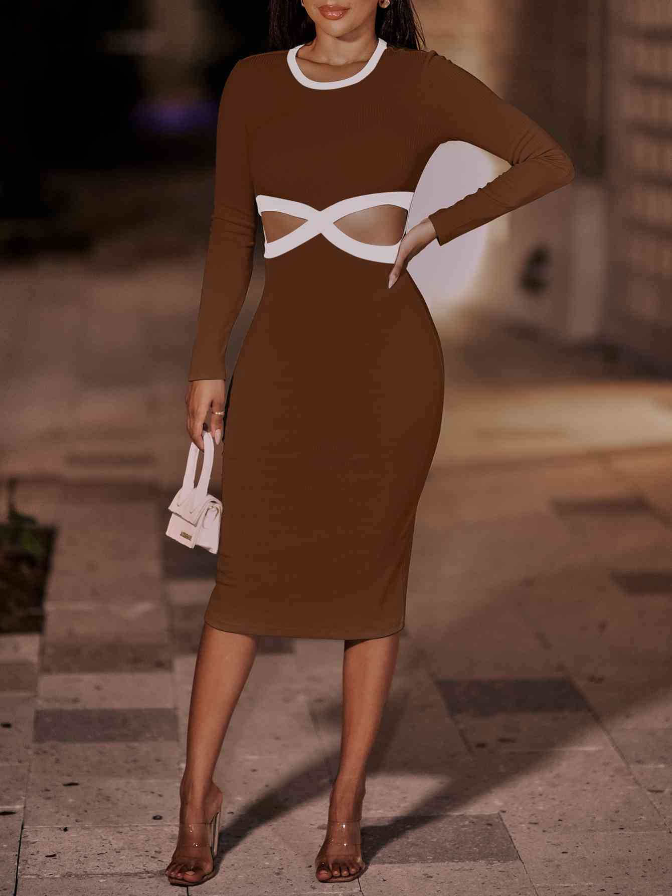 Bodycon - Contrast Cutout Ribbed Bodycon Dress (7516409266264)