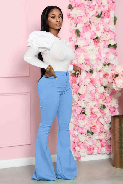 Leg-Of-Mutton - Sleeve Top and Flare Pants Set (7484247179352)