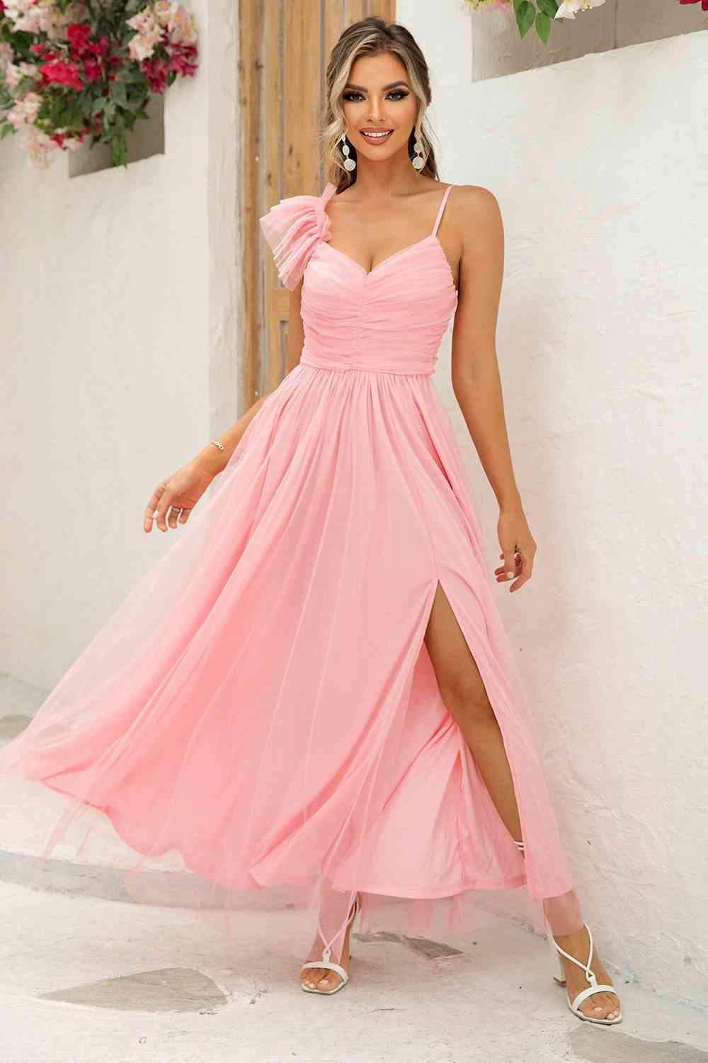 Unique - Asymmetrical Ruched Side-Slit Dress (7515501166680)