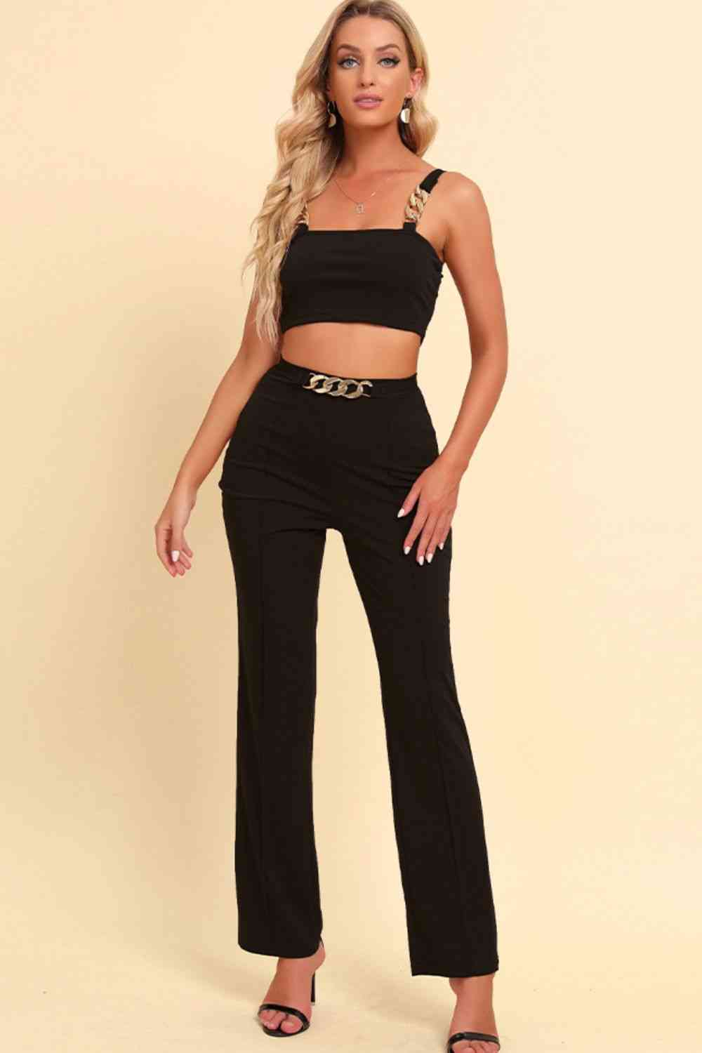 Chain Detail - Cropped Cami and Straight Leg Pants Set (7501465550936)