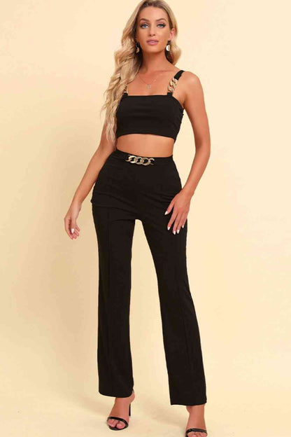 Chain Detail - Cropped Cami and Straight Leg Pants Set (7501465550936)
