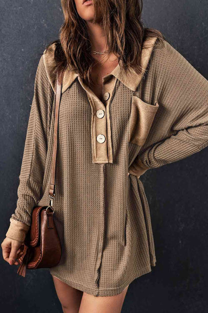 With Pocket - Waffle Knit Buttoned Long Sleeves Top (7501322911832)