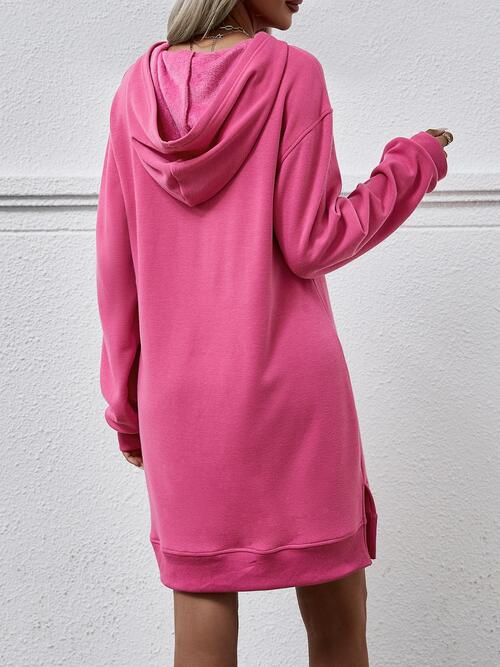 Long Long Sleeves - Slit Hooded Dress With Pocket (7505547559000)