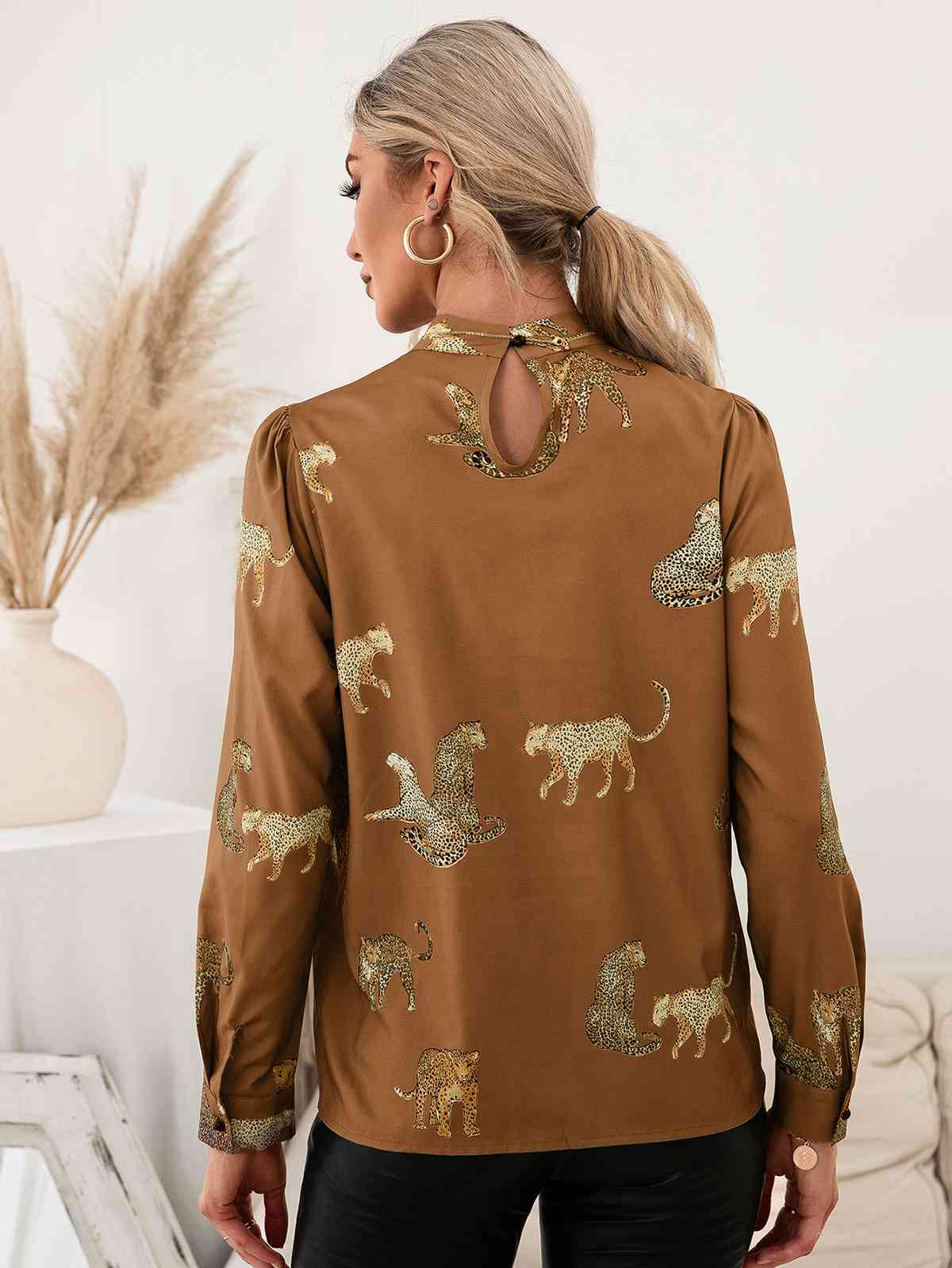 Leopard Graphics - Mock Neck Puff Sleeve Blouse (7501318488152)