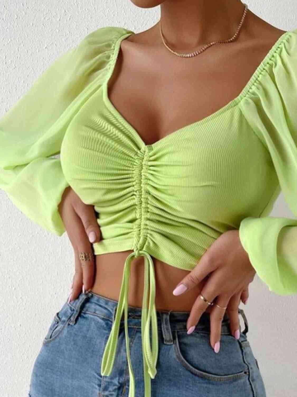 Ruched Blouse - Drawstring Sweetheart Neck Cropped Top (7501318914136)