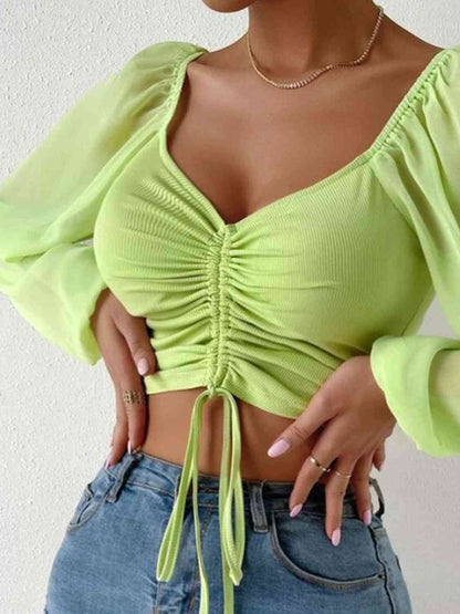 Ruched Blouse - Drawstring Sweetheart Neck Cropped Top (7501318914136)