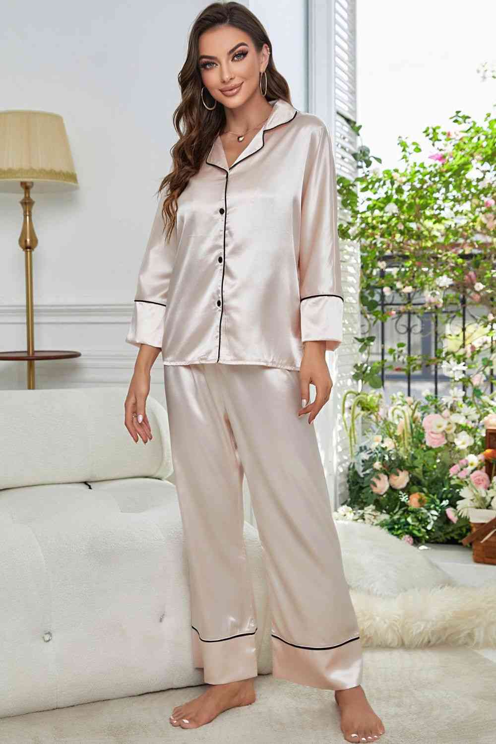 Pajama Pajama - Contrast Button-Up Top and Pants Pajama Set (7501489471576)