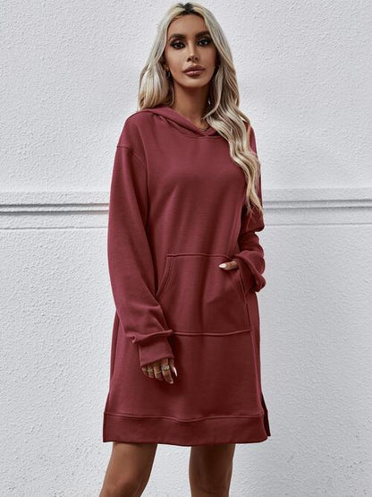 Long Long Sleeves - Slit Hooded Dress With Pocket (7505547559000)