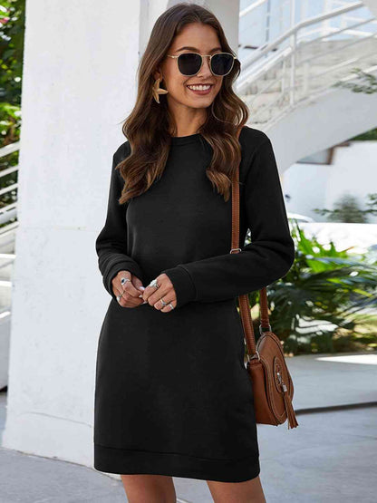 Round Neck Long Sleeves Mini Dress With Pockets (7505548410968)