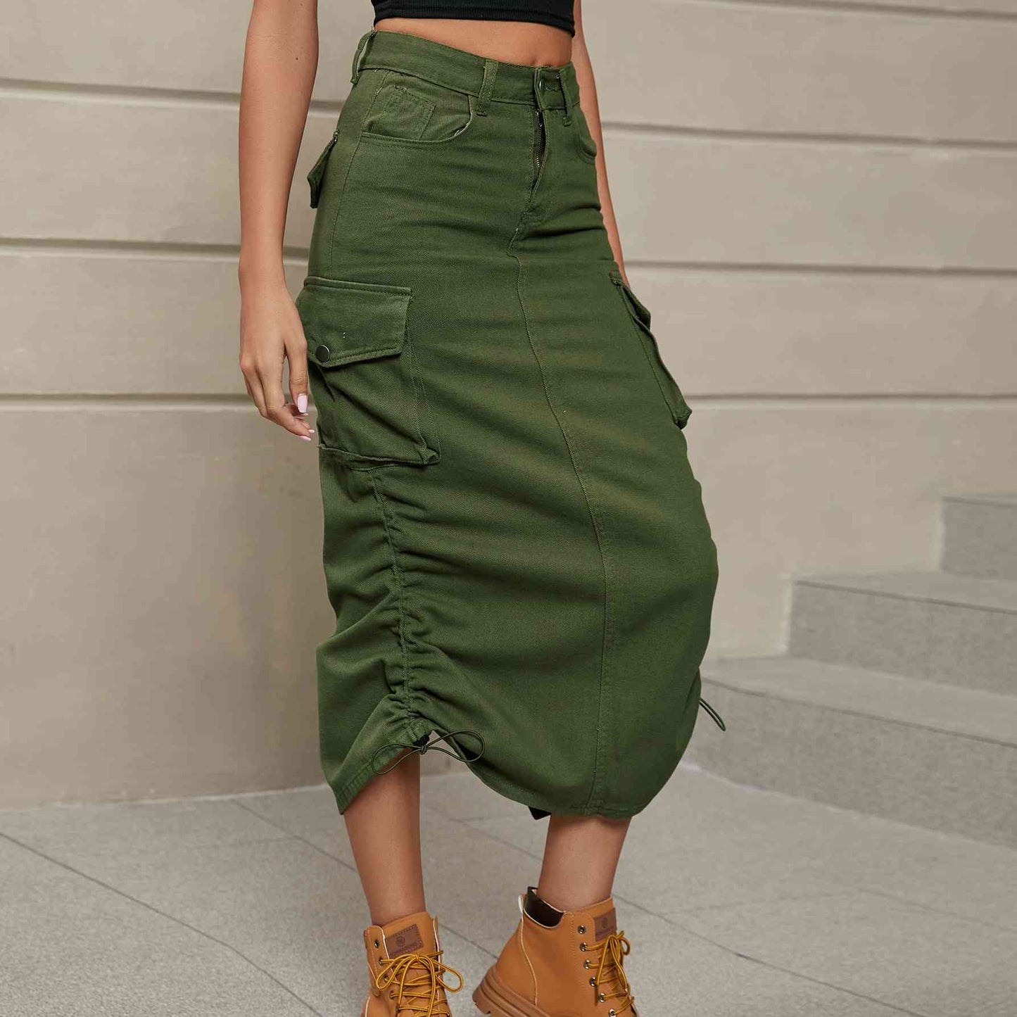 Ruch - Drawstring Ruched Slit Denim Midi Skirt (7500878020696)