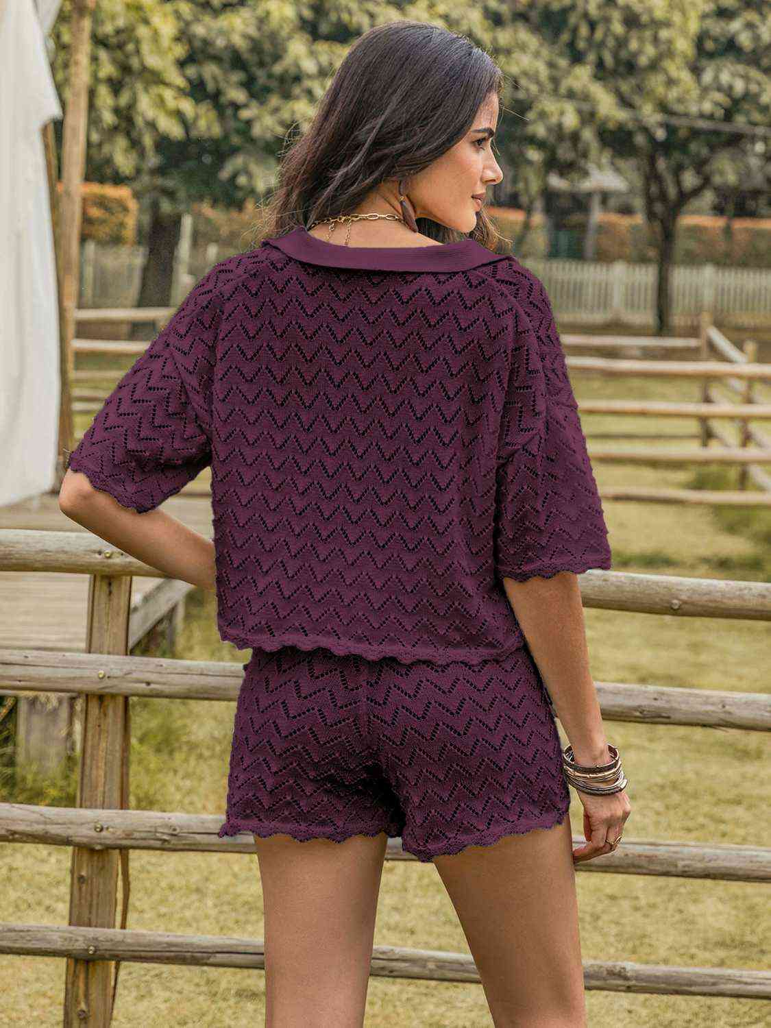 Eyelet - Collared Neck Short Sleeve Top and Shorts Set (7484220899416)