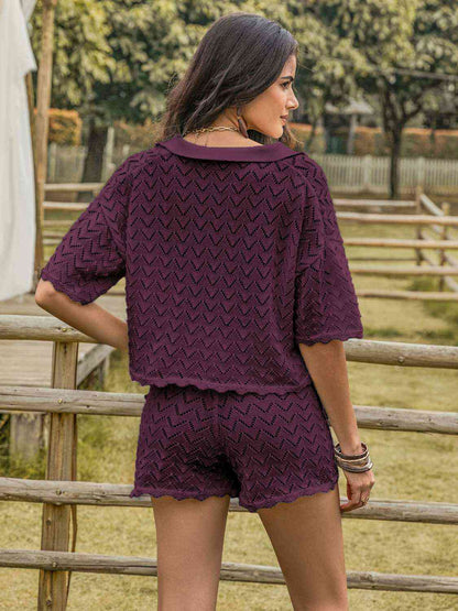 Eyelet - Collared Neck Short Sleeve Top and Shorts Set (7484220899416)
