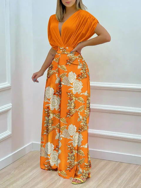 Printed Surplice Top & Wide Leg Pants Set (7484243705944)