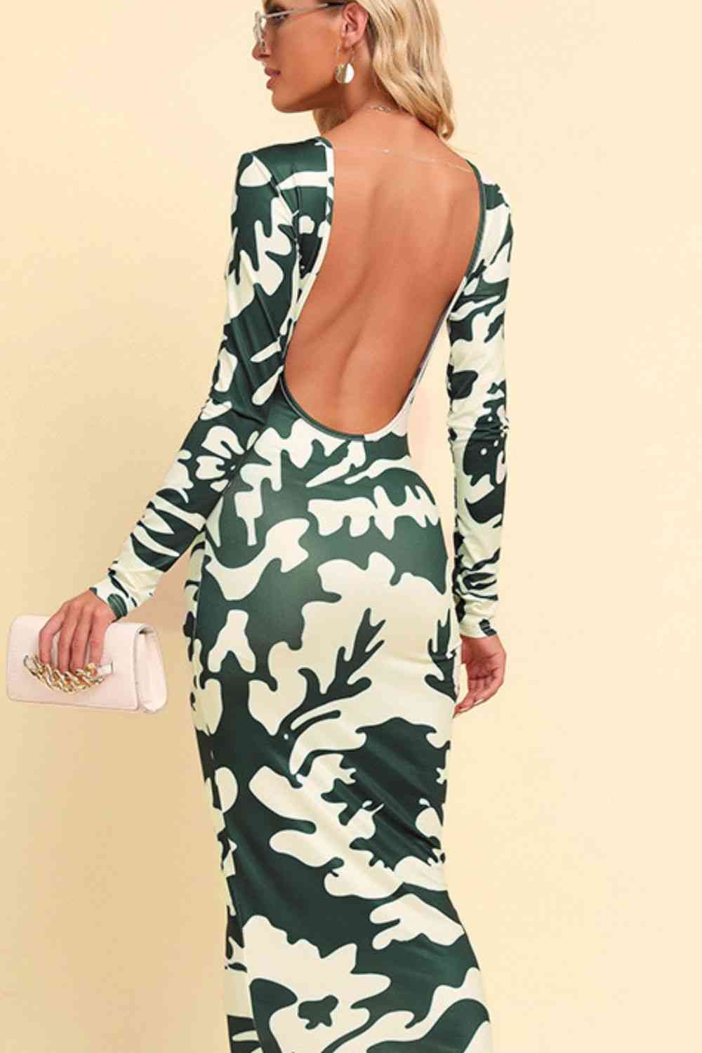 Printed Backless Long Sleeves Maxi Dress (7515565260888)