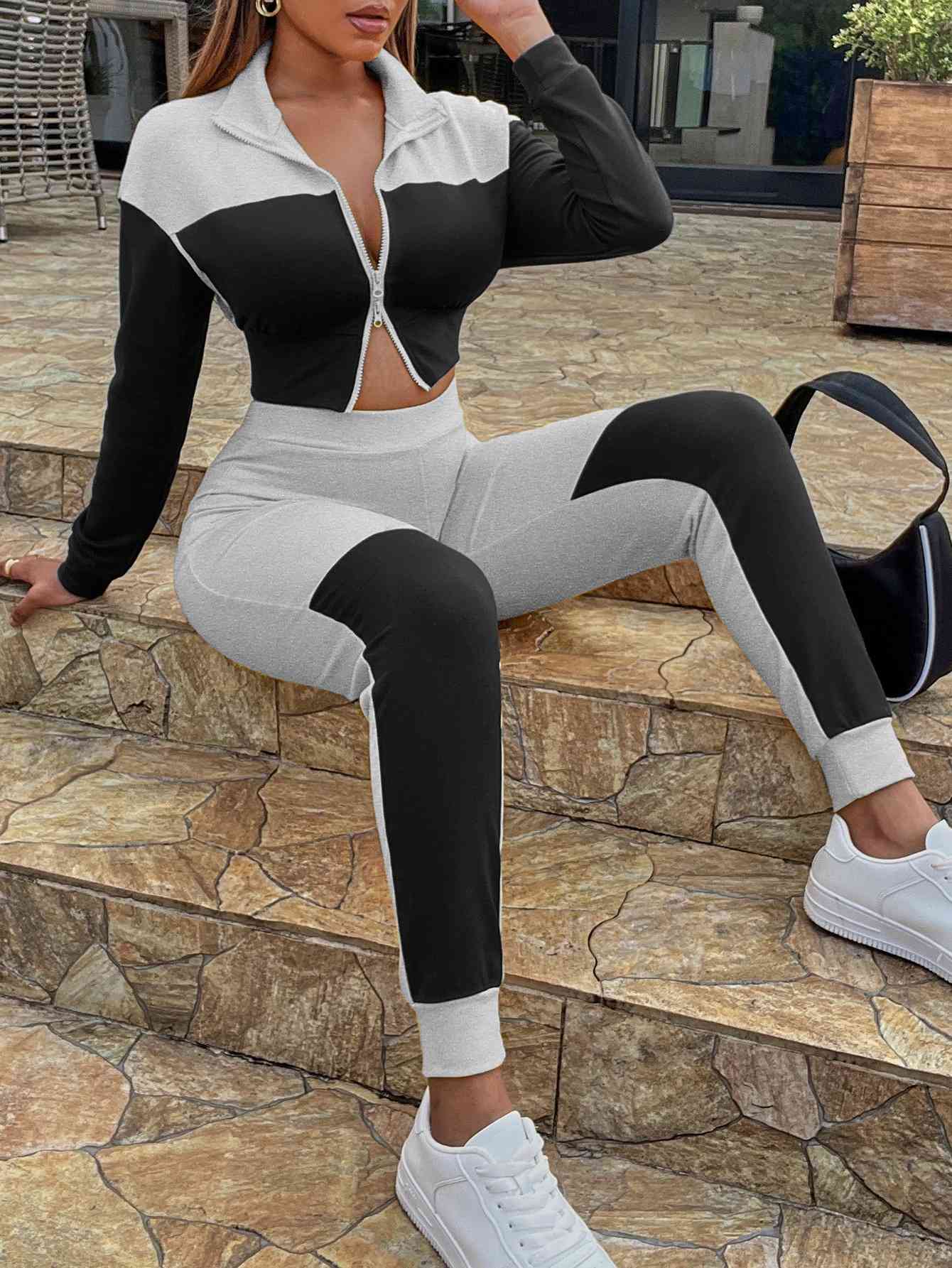 Two-Tone Collared - Neck Top and Joggers Set (7501489930328)