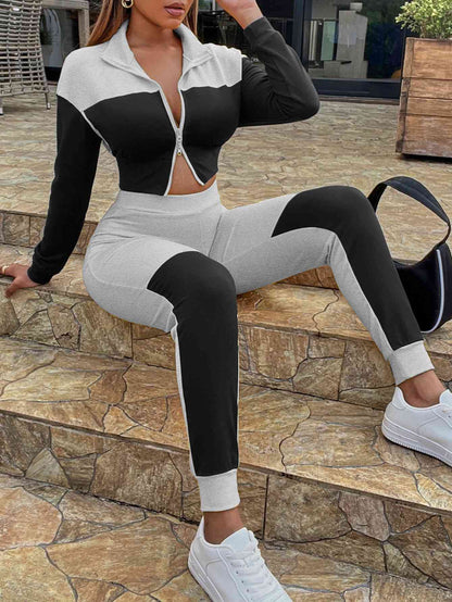 Two-Tone Collared - Neck Top and Joggers Set (7501489930328)