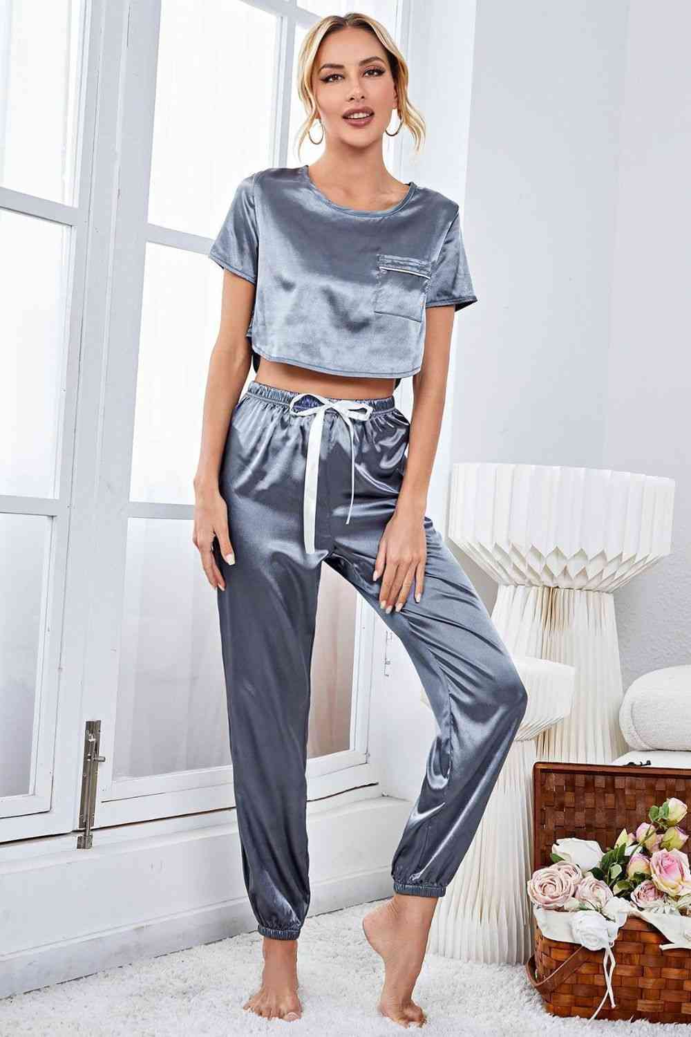 Satin Short Sleeves Crop-Top & Joggers - Lounge Set (7501481508952)
