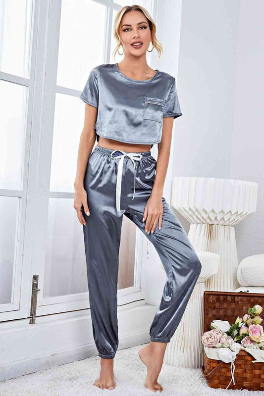 Satin Short Sleeves Crop-Top & Joggers - Lounge Set (7501481508952)