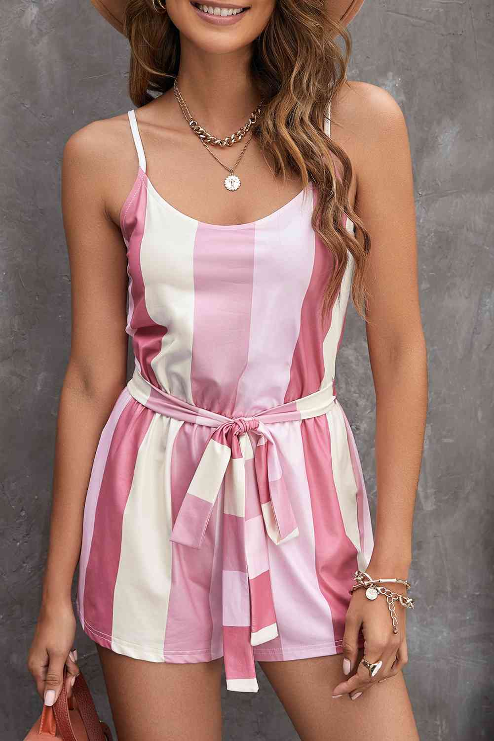 Striped Spaghetti-Straps - Tie-Waist Romper (7484708618328)